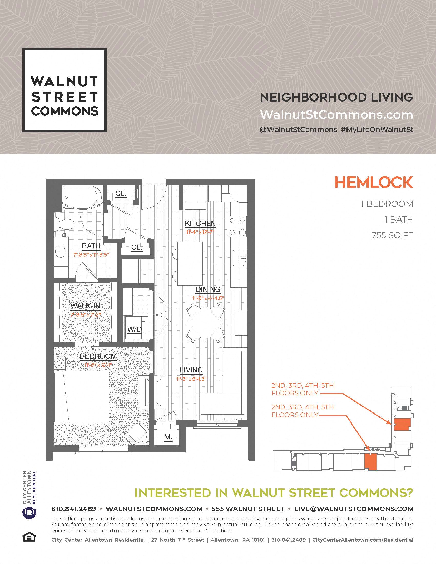 Floor plan for 1 bed, 1 bath, 755 sqft